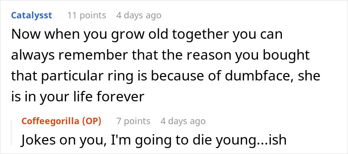 Comment highlighting a ring bought for revenge involving a coworker, tied to a memorable relationship moment. Comment highlighting a ring bought for revenge involving a coworker, tied to a memorable relationship moment.