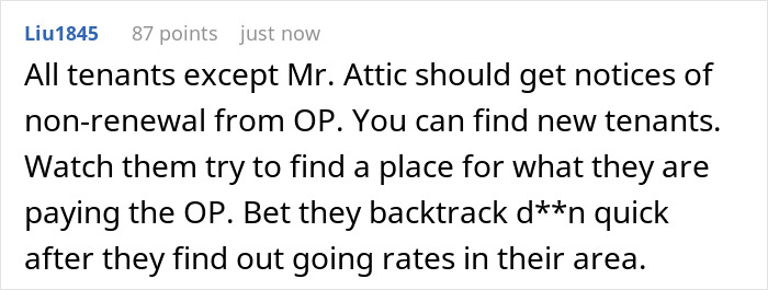 Comment from user Liu1845 discussing tenants and non-renewal notices in a housing situation.