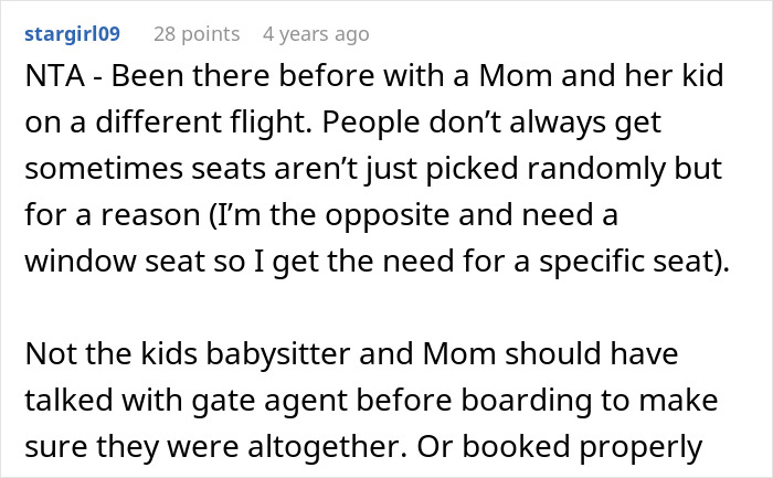 Text of a Reddit comment about not switching airplane seats with a mother and ignoring her children on a flight.