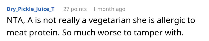 Comment about friend slipping bone broth to meat-allergic woman who is not really vegetarian, highlighting allergy concerns.