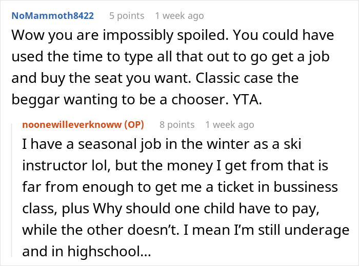 Reddit conversation discussing family vacation drama over dad upgrading one kid to business class while the other deals with it. Reddit conversation discussing family vacation drama over dad upgrading one kid to business class while the other deals with it.