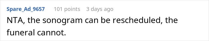 Comment highlighting a debate where a man prioritizes a funeral over seeing his newborn daughter first.