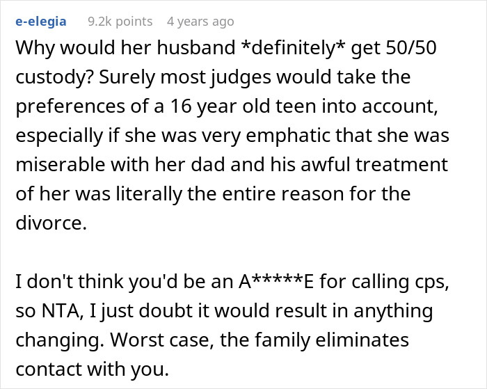 Comment discussing custody concerns and debating calling CPS after learning about niece&rsquo;s home life challenges.