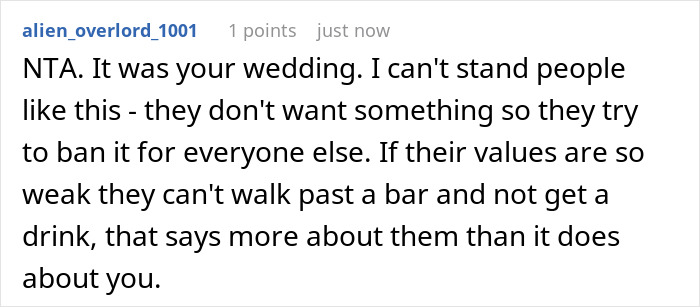 Comment discussing opinions about secretly selling alcohol at a dry wedding to cover costs and social values.