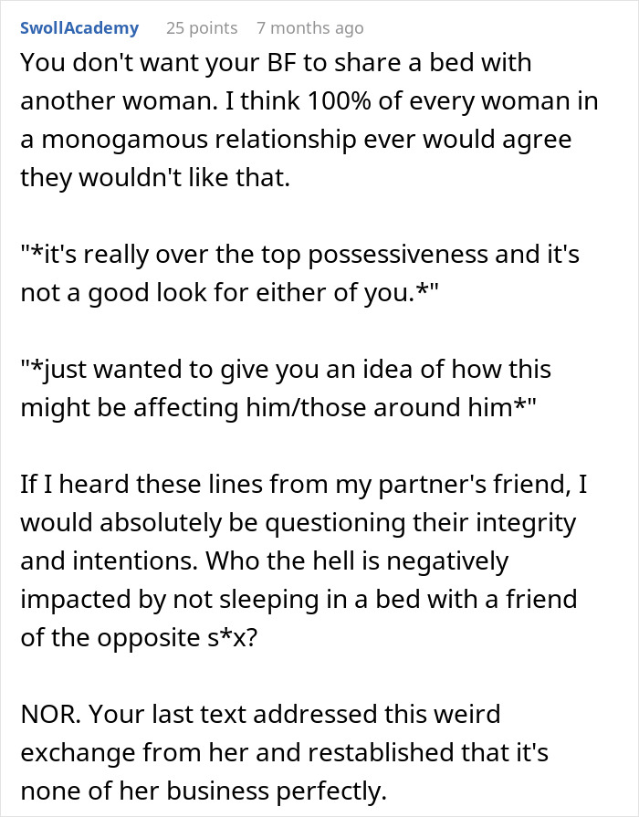 Screenshot of a discussion about a woman upset that her friend's girlfriend won't allow them to sleep in the same bed.