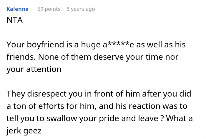 Excerpt from online discussion about woman refusing to leave party she planned amid boyfriend and friends demanding privacy.