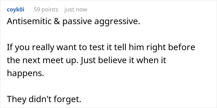 Comment discussing antisemitic and passive aggressive behavior related to bacon at family visits, referencing Jewish identity.