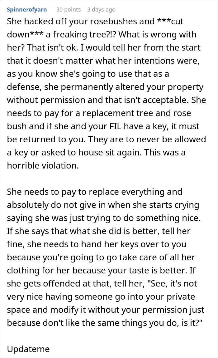 Comment discussing woman returning from vacation to find MIL landscaped garden without permission, advising on replacement costs.