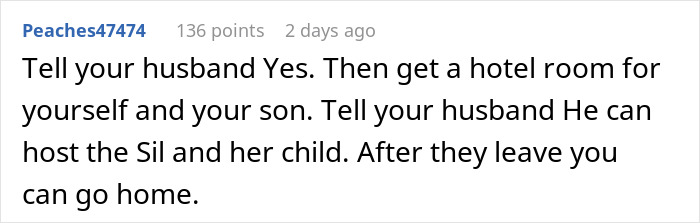 Screenshot of a forum comment advising a man who is not prepared to deal with SIL&rsquo;s kid to pay for a hotel during their stay.