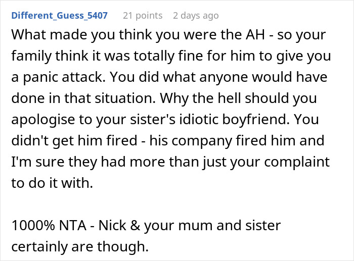 Reddit comment discussing a man pulling a harmless prank on girlfriend&rsquo;s sister, causing panic and revenge.