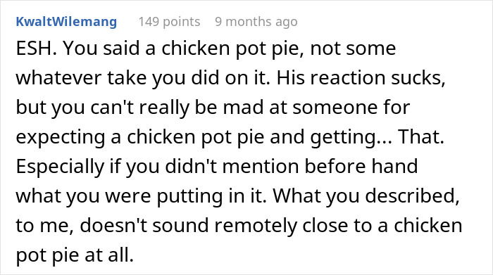 Reddit comment criticizing host&rsquo;s unusual chicken pot pie twist, sparking brother-in-law&rsquo;s walkout at family gathering.