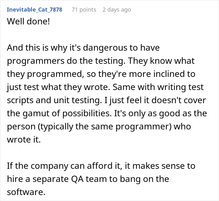 Comment discussing how lead restricts exploratory testing as developers begin reporting bugs in the game during QA. Comment discussing how lead restricts exploratory testing as developers begin reporting bugs in the game during QA.