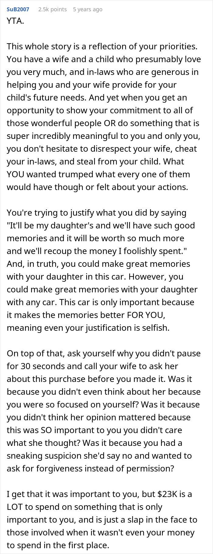 Comment on man chasing high school memories by buying 1972 Ford Bronco for $23K, deceiving postpartum wife.