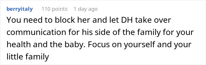 Comment suggesting to block a meddling MIL and let husband handle family communication for health and baby focus during pregnancy.
