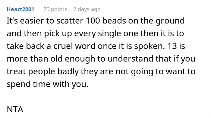 Screenshot of a Reddit comment discussing a teen niece calling her aunt fat and ugly and causing a shopping trip to be canceled.