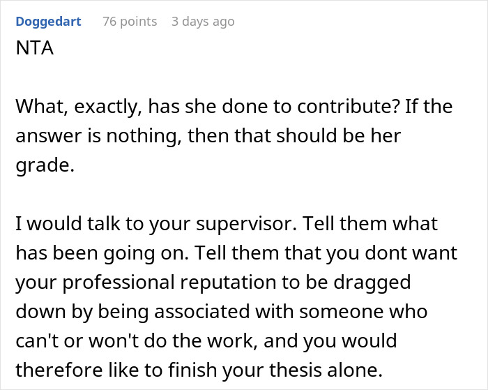 Woman at risk of not graduating after failing to contribute to shared thesis faces academic consequences and reputation issues.