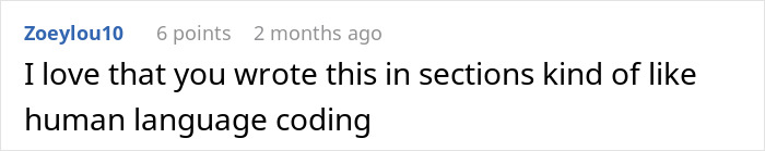 Screenshot of a forum comment praising the use of human language coding in writing style.