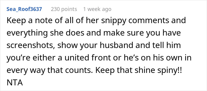 Screenshot of a Reddit comment advising to document snippy comments and maintain a united front with husband in a relationship dispute.