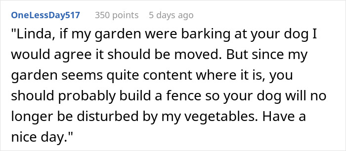 Text post showing a comment about a garden and barking dog causing neighborhood drama and dispute between neighbors. Text post showing a comment about a garden and barking dog causing neighborhood drama and dispute between neighbors.
