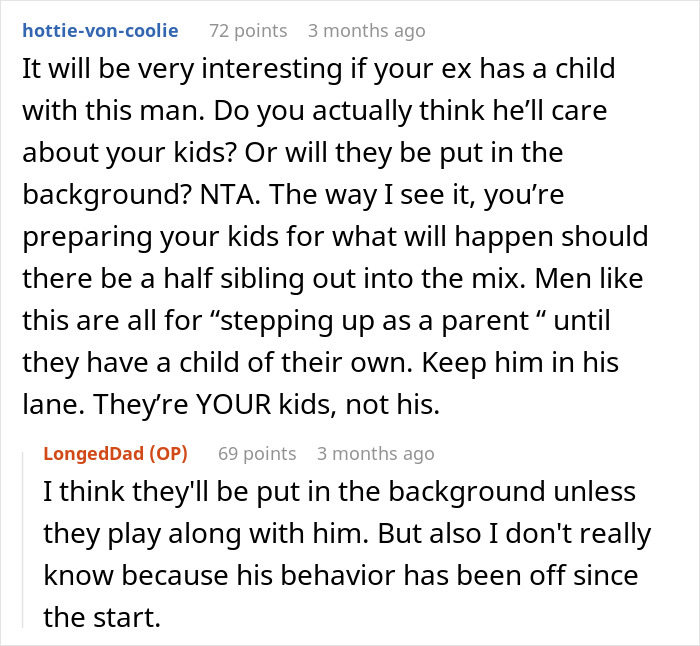 Comment discussing a dad active in kids&rsquo; life feeling pushed out by ex&rsquo;s new husband and concerns about kids&rsquo; future.