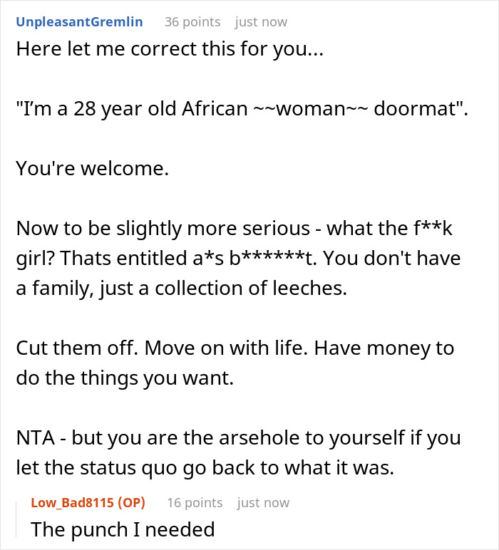 Reddit user responding seriously to teacher pays family's bills, calling out entitlement and advising financial independence.