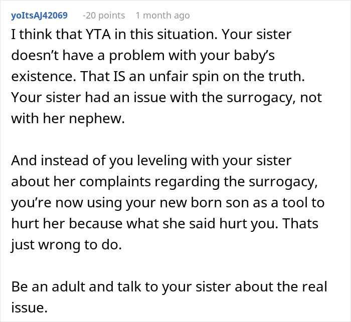 Comment explaining the sister's issue with surrogacy, not her nephew, in a family conflict over baby plans.