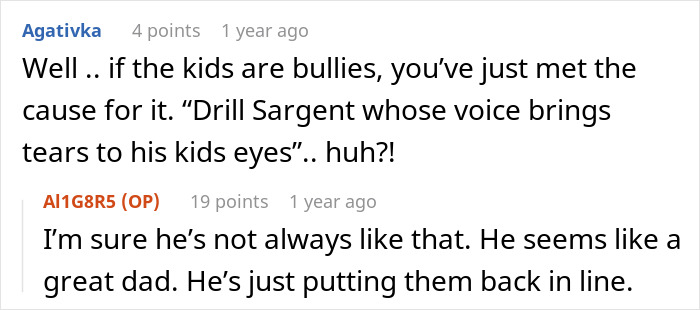 Comment discussion about bullying and parenting, highlighting a dad managing kids' behavior firmly and fairly.