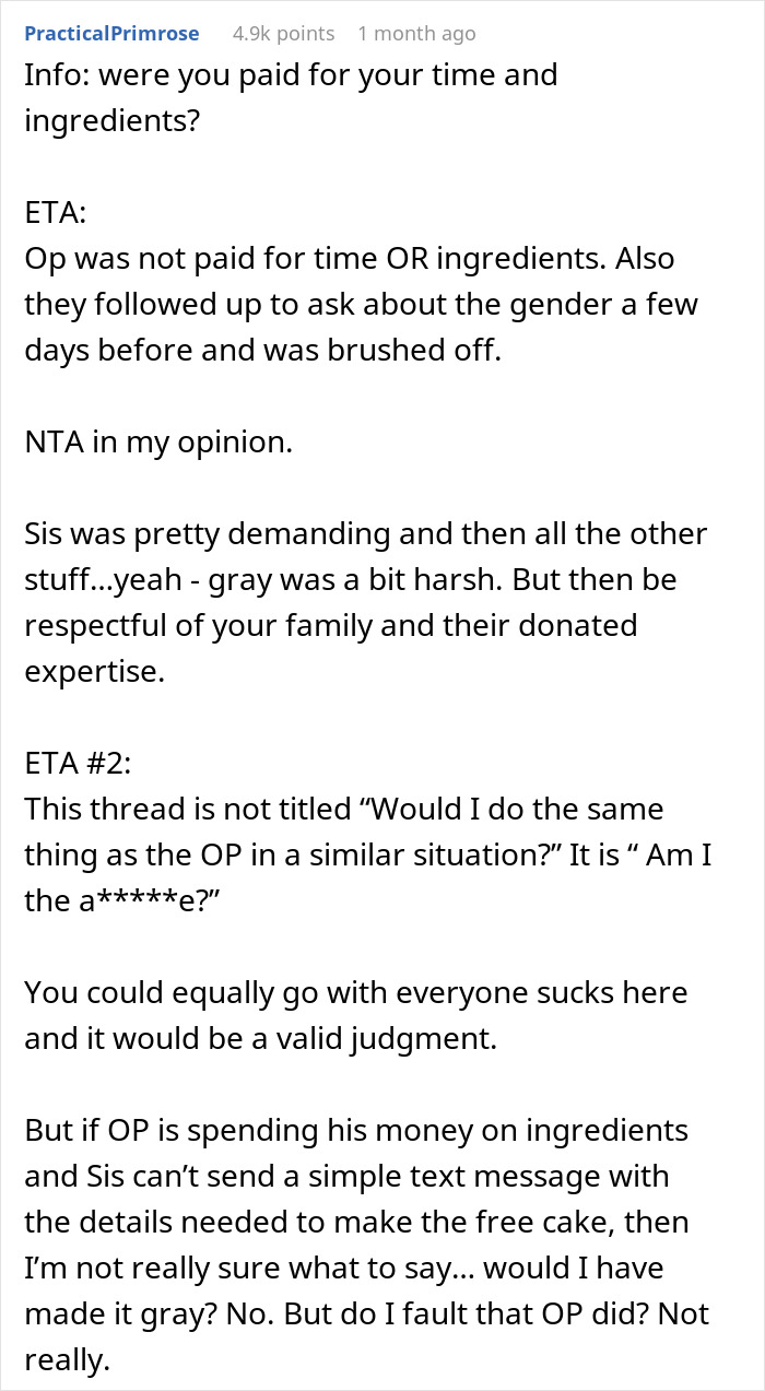 Comment thread discussing gray cake failure at gender reveal party, highlighting pregnant sister's demanding role and blame.
