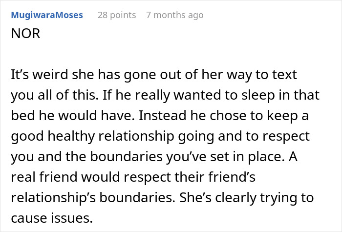 Comment discussing a woman upset friend&rsquo;s girlfriend won&rsquo;t let them sleep in the same bed and respecting relationship boundaries.