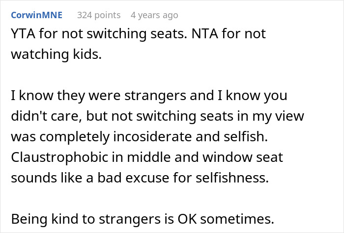 Screenshot of a Reddit comment discussing not switching seats with a mother on an airplane and ignoring her children.