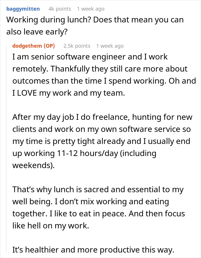 Text conversation about working during lunch breaks and its impact on productivity and well-being in remote software engineering. Text conversation about working during lunch breaks and its impact on productivity and well-being in remote software engineering.