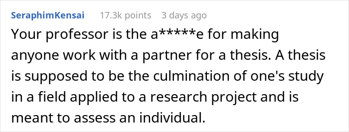 Screenshot of a Reddit comment about the woman at risk of not graduating for failing to contribute to a shared thesis.
