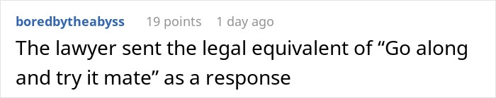 Screenshot of Reddit comment about a lawyer&rsquo;s response to man concerned about lawsuit demand from late girlfriend&rsquo;s mom.