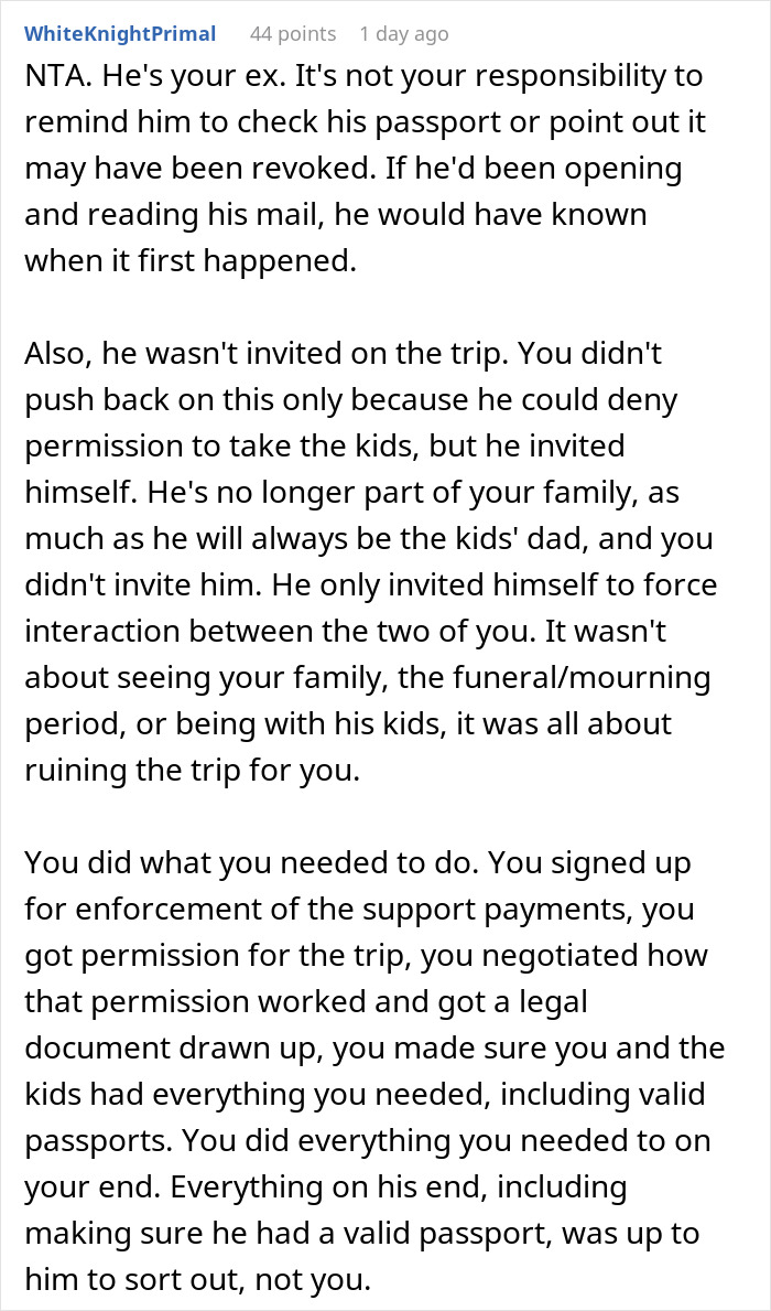 Screenshot of a Reddit comment discussing a woman not warning her deadbeat ex about his revoked passport.