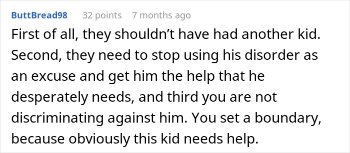 Comment discussing a babysitter refusing to watch a child and the mother's accusations of discrimination.