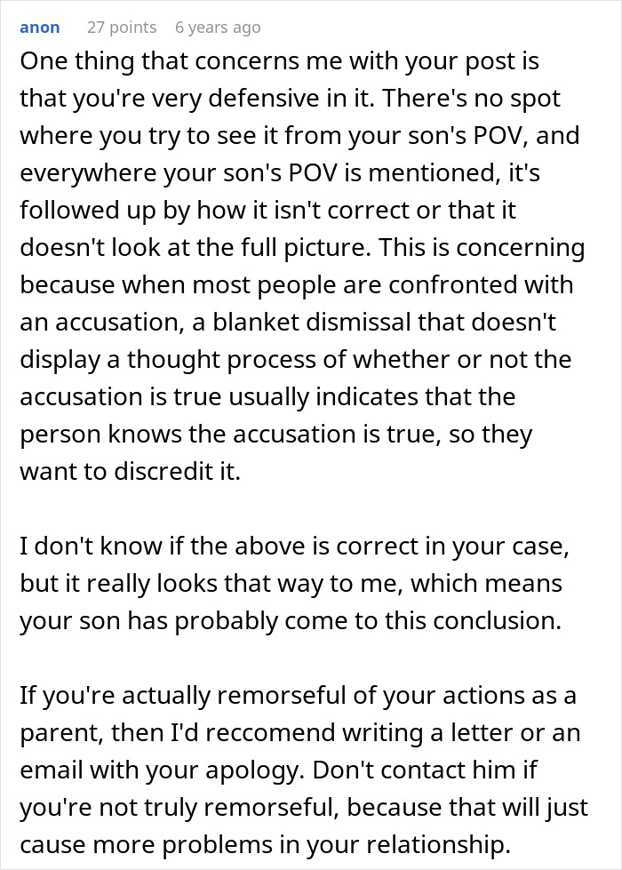 Text discussing parents feeling defensive after their son accuses them of neglect, highlighting concerns about their relationship.