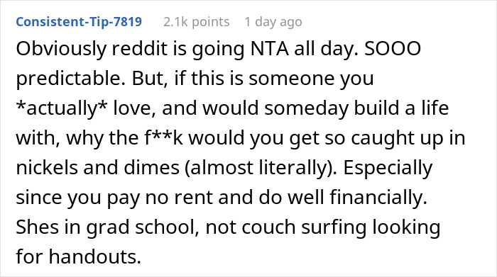 Reddit comment discussing a furious boyfriend refusing to let his girlfriend move in without splitting costs 50/50. Reddit comment discussing a furious boyfriend refusing to let his girlfriend move in without splitting costs 50/50.