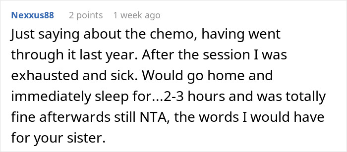 Reddit comment discussing chemotherapy experience related to exposing sister’s fake cancer and familial conflict. Reddit comment discussing chemotherapy experience related to exposing sister’s fake cancer and familial conflict.