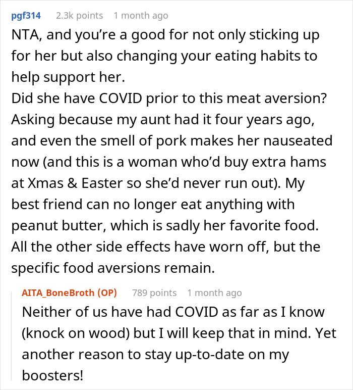 Screenshot of a forum discussion about a friend slipping bone broth to a meat-allergic woman&rsquo;s soup causing concerns.