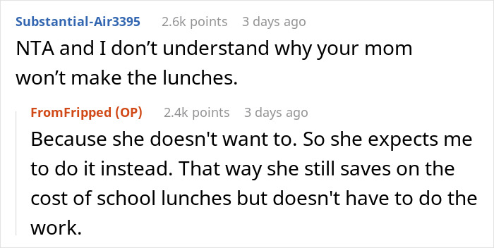 Screenshot of a conversation about mom guilt-tripping son who makes lunch only for himself and not his siblings.