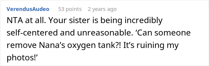 Comment about woman refusing to risk health for sister&rsquo;s wedding photo, causing family upset over aesthetics.