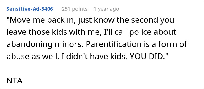 Text comment about teen girl struggling to babysit step-siblings, expressing frustration and refusal to be left alone with the kids. Text comment about teen girl struggling to babysit step-siblings, expressing frustration and refusal to be left alone with the kids.