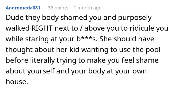 Comment discussing body shaming and accusations about topless sunbathing involving a woman, her husband, and son.