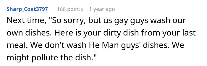 Comment on Reddit thread showing a witty reply involving a gay-themed shower trick teaching a lesson.