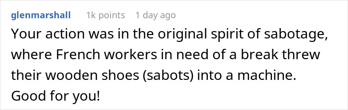 Comment about employee sabotaging work laptop relating to sabotage inspired by French workers, highlighted in online discussion. Comment about employee sabotaging work laptop relating to sabotage inspired by French workers, highlighted in online discussion.