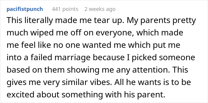 Comment from pacifistpunch expressing emotional response about parental neglect and relating to a kid wanting attention and excitement. Comment from pacifistpunch expressing emotional response about parental neglect and relating to a kid wanting attention and excitement.