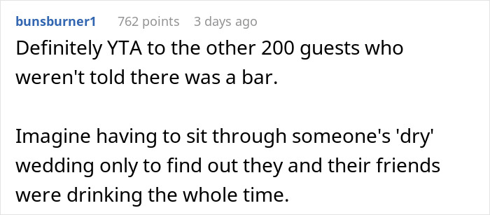 Reddit comment criticizing secretly selling alcohol at a dry wedding and its impact on uninformed guests.