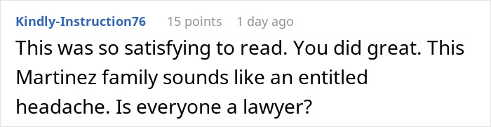 Comment expressing satisfaction about an entitled lawyer harassing a hotelier for wedding discount and being put in their place. Comment expressing satisfaction about an entitled lawyer harassing a hotelier for wedding discount and being put in their place.