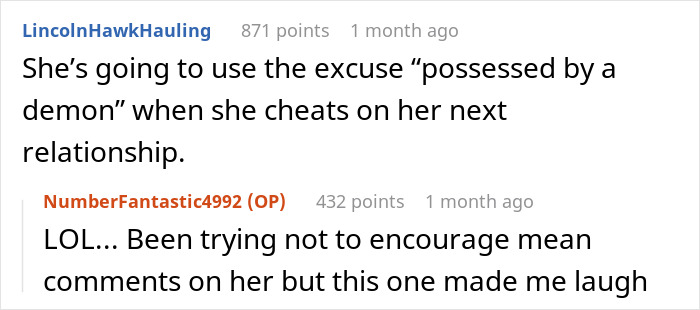 Online conversation about a woman cheating on her husband and using a mind-control excuse in a relationship discussion.