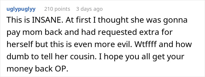 Comment expressing shock about MOH overcharging and taking all the money from the bachelorette party funds.